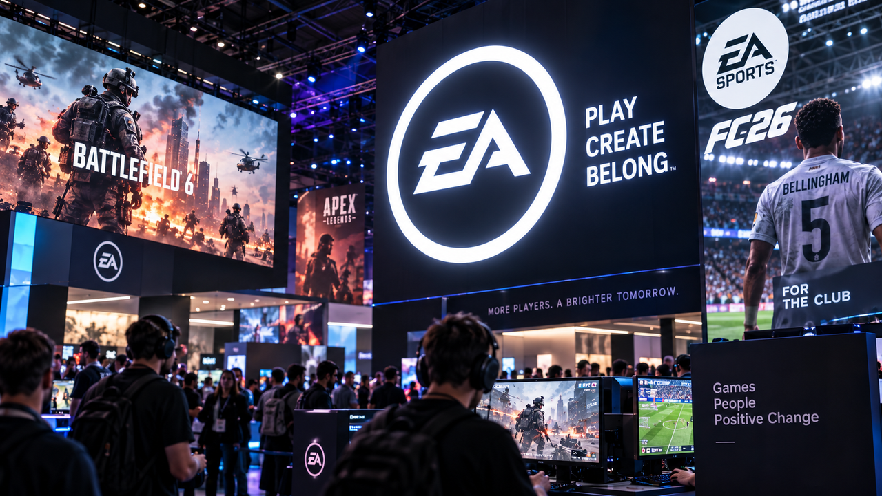 Illustration éditoriale d’un grand espace gaming Electronic Arts avec joueurs, écrans et logo EA en situation.