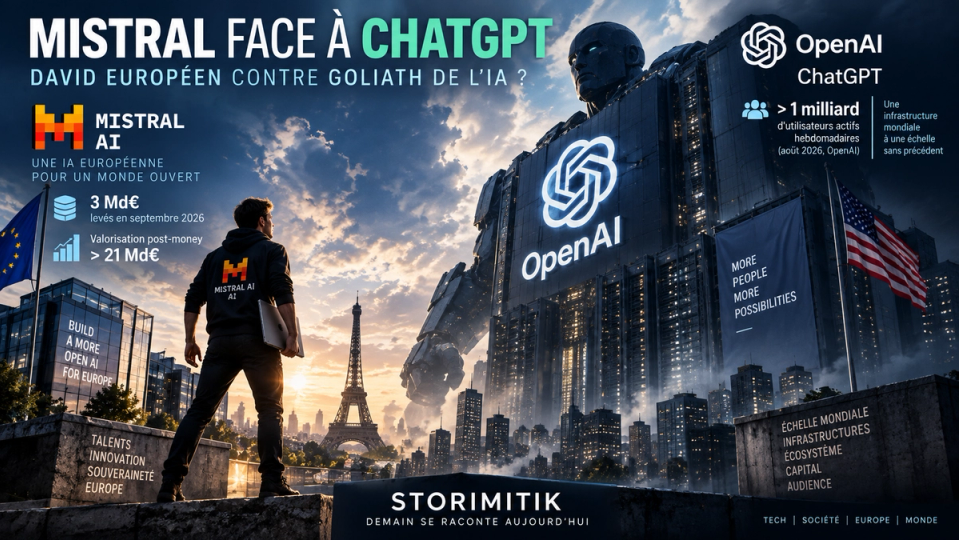 Illustration conceptuelle représentant Mistral AI comme un challenger européen face à l’échelle mondiale d’OpenAI et ChatGPT.