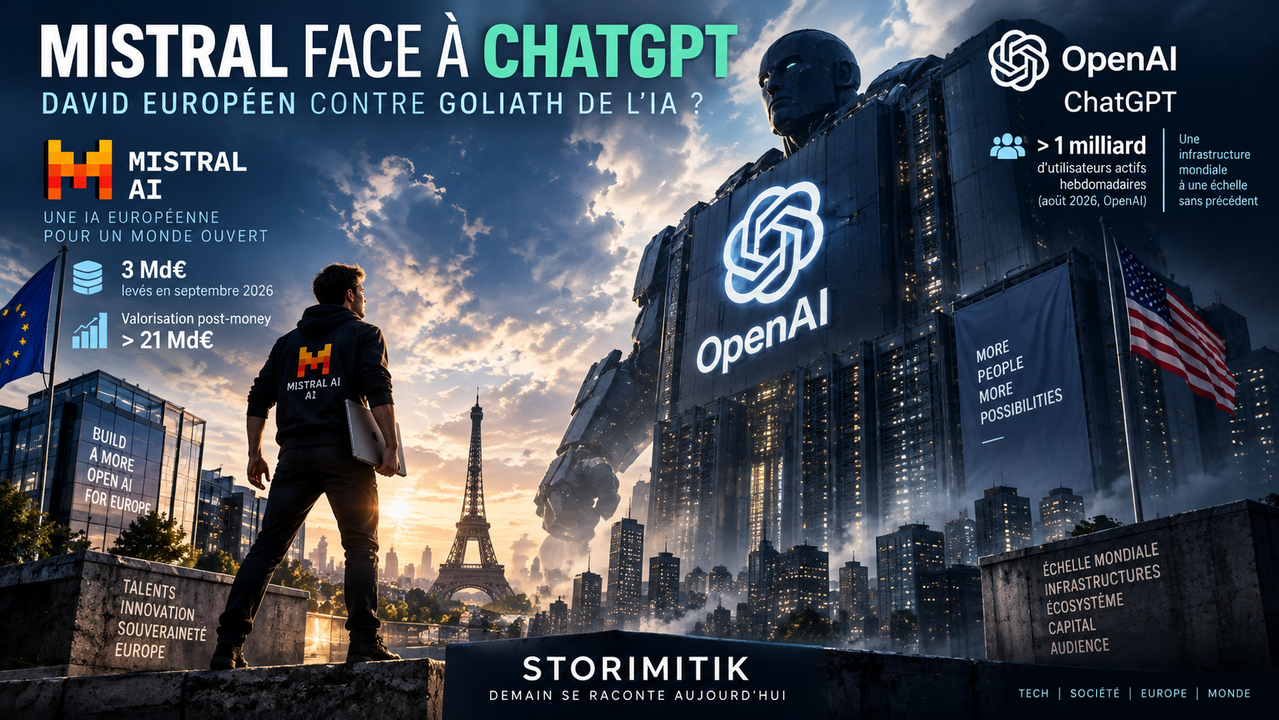 Illustration conceptuelle représentant Mistral AI comme un challenger européen face à l’échelle mondiale d’OpenAI et ChatGPT.