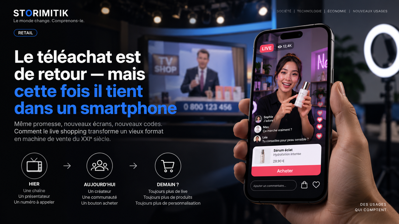 Visuel STORIMITIK opposant le téléachat traditionnel à un live shopping sur smartphone.