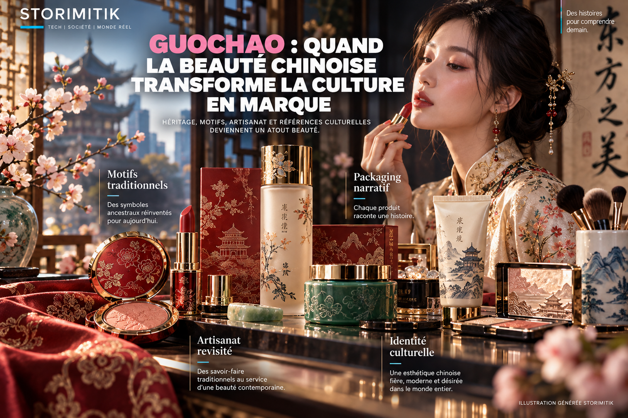 Illustration STORIMITIK du guochao dans la beauté chinoise, mêlant motifs traditionnels, artisanat revisité et packaging narratif.