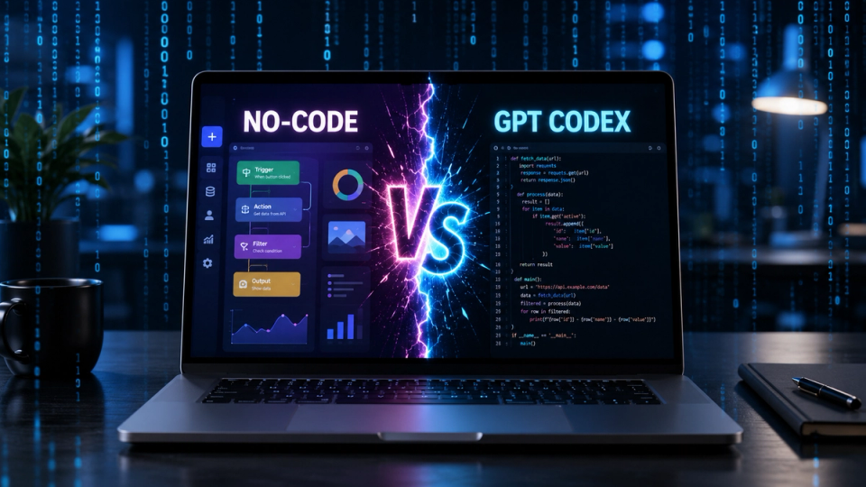 Ordinateur affichant une comparaison visuelle entre une interface no-code et du code assisté par GPT Codex.
