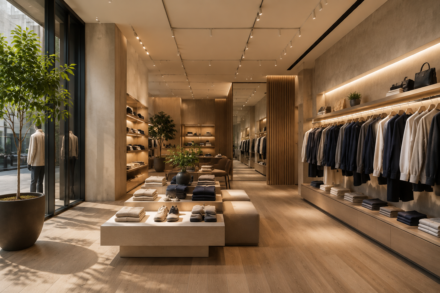 Intérieur d’une boutique de vêtements avec présentoirs et rayons