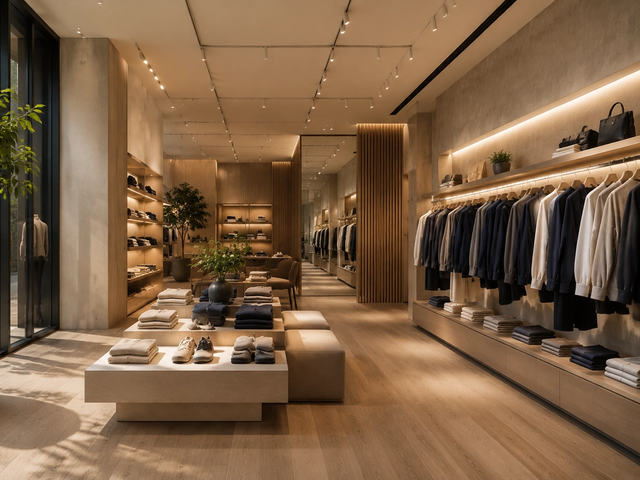 Intérieur d’une boutique de vêtements avec présentoirs et rayons
