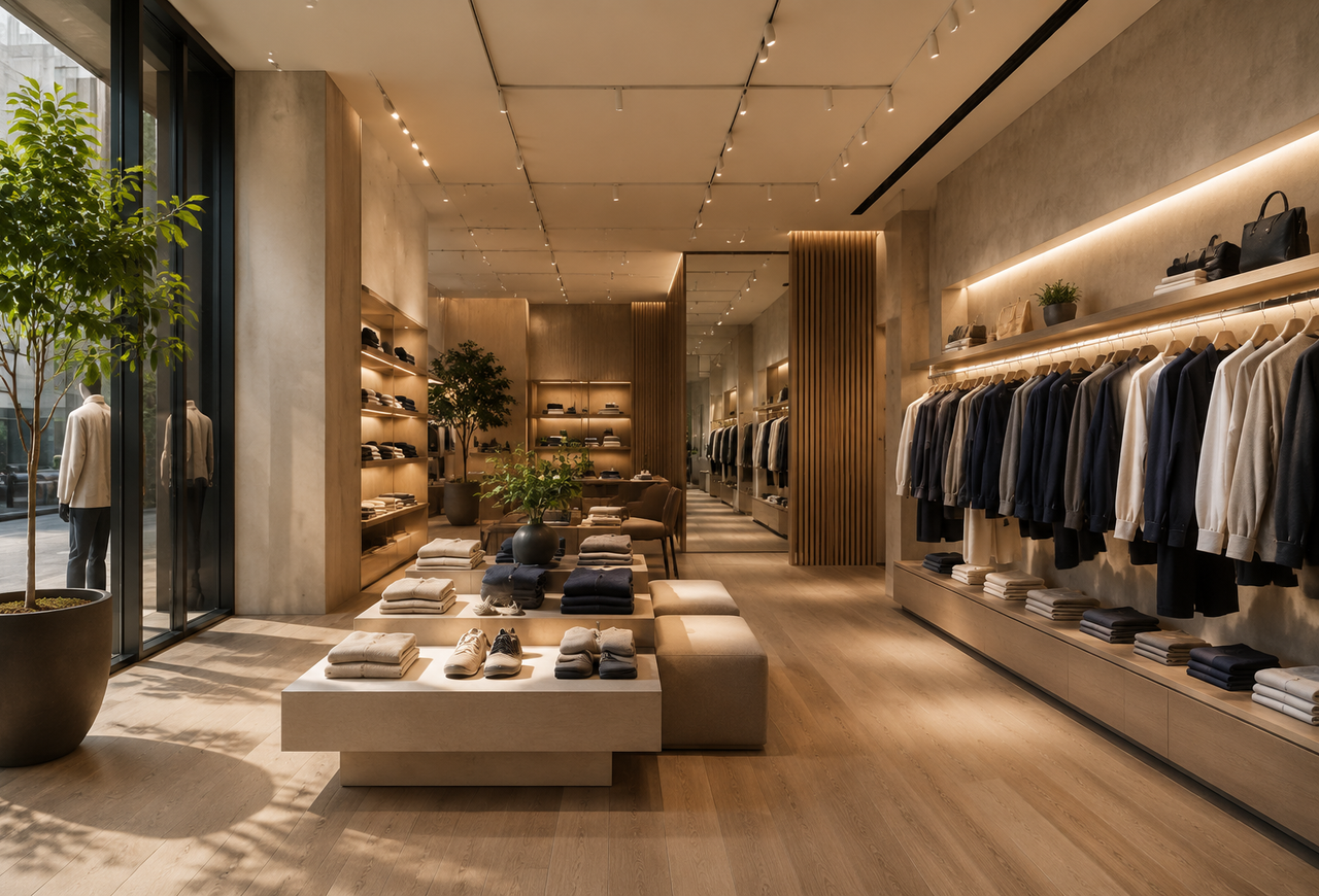 Intérieur d’une boutique de vêtements avec présentoirs et rayons