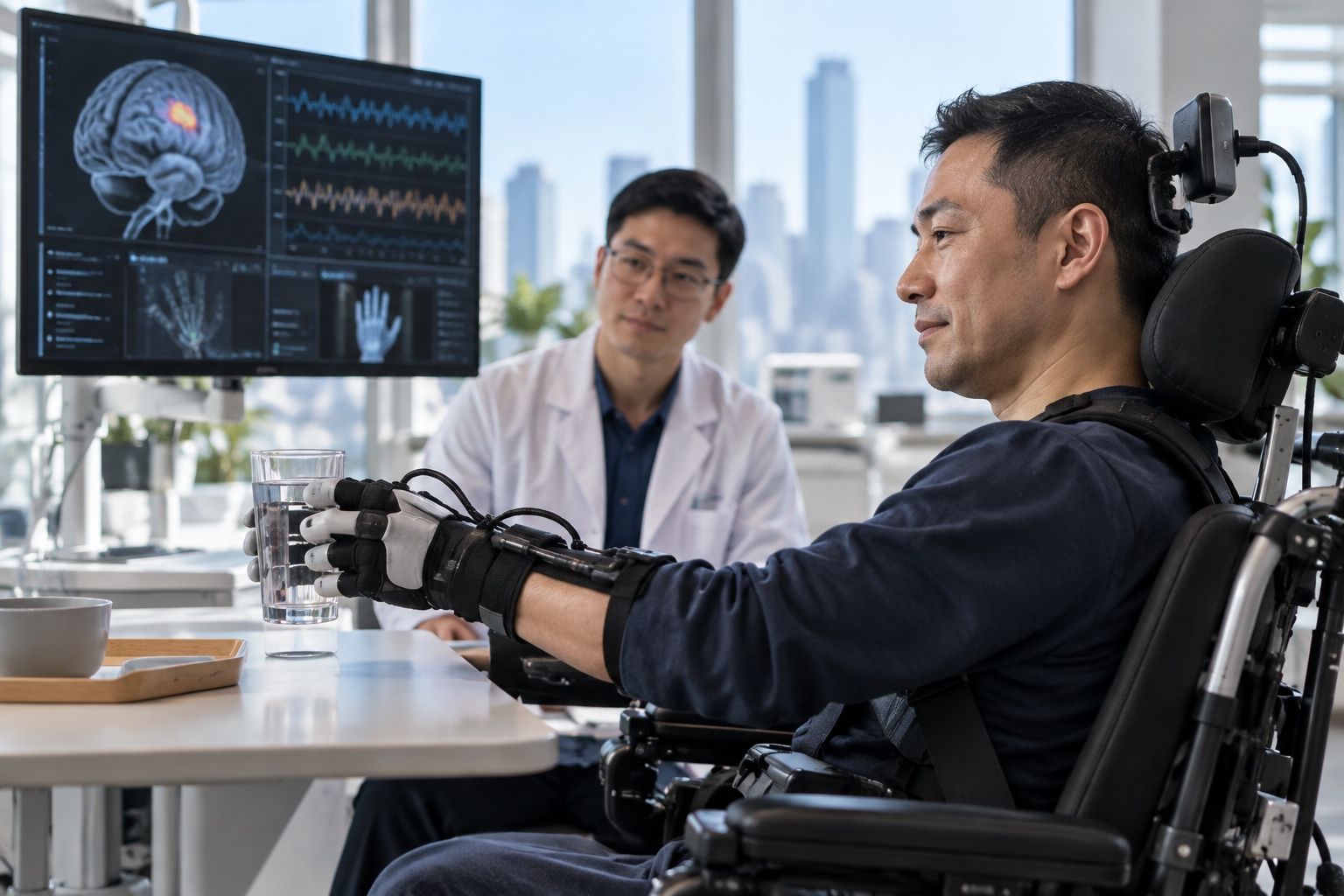 Illustration d’un patient en fauteuil utilisant un gant robotisé pour saisir un verre dans un environnement de neuro-rééducation, avec un médecin et un écran de monitoring cérébral.