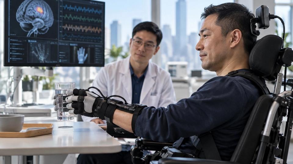 Illustration d’un patient en fauteuil utilisant un gant robotisé pour saisir un verre dans un environnement de neuro-rééducation, avec un médecin et un écran de monitoring cérébral.