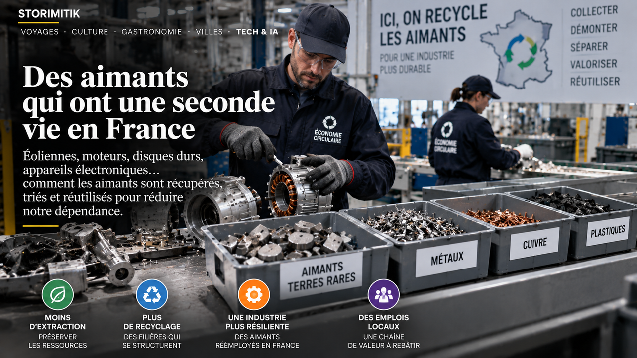 Illustration STORIMITIK d’une chaîne française de démontage, tri et recyclage d’aimants issus de moteurs et équipements en fin de vie.
