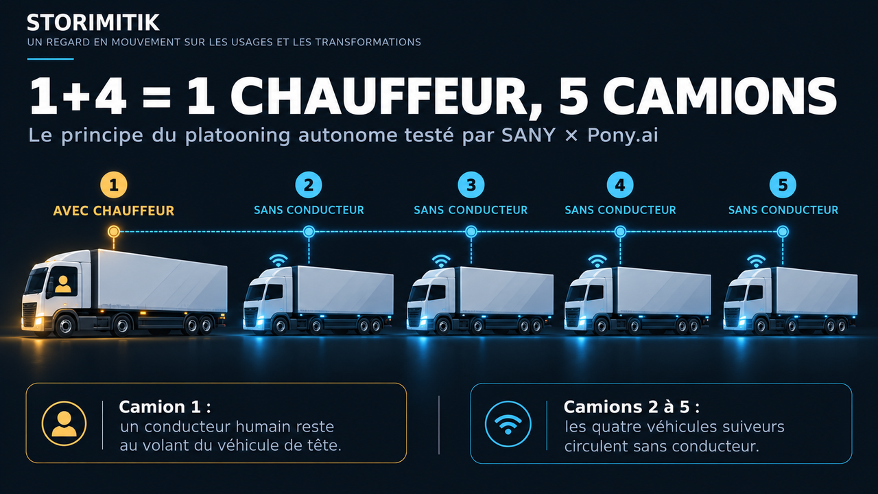 Infographie STORIMITIK montrant un convoi 1+4 : un camion avec chauffeur en tête suivi de quatre camions sans conducteur.