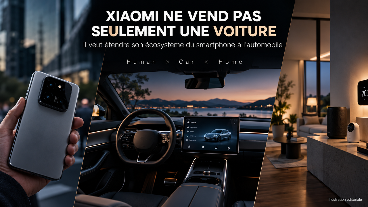 Illustration éditoriale STORIMITIK montrant l’écosystème Xiaomi Human × Car × Home entre smartphone, automobile et maison connectée.