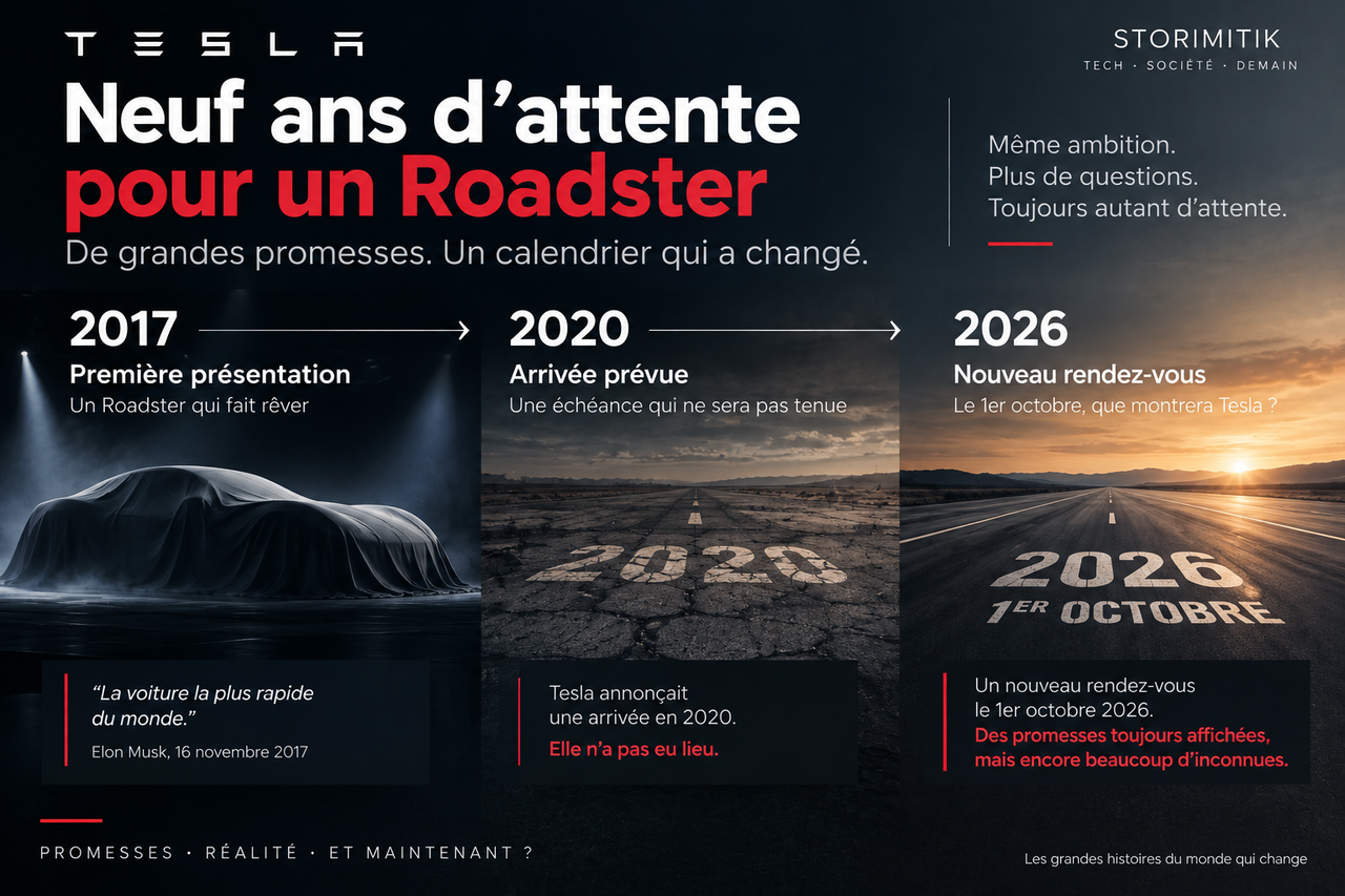 Chronologie illustrée du Tesla Roadster entre sa présentation en 2017, l’arrivée annoncée pour 2020 et le nouveau rendez-vous du 1er octobre 2026.