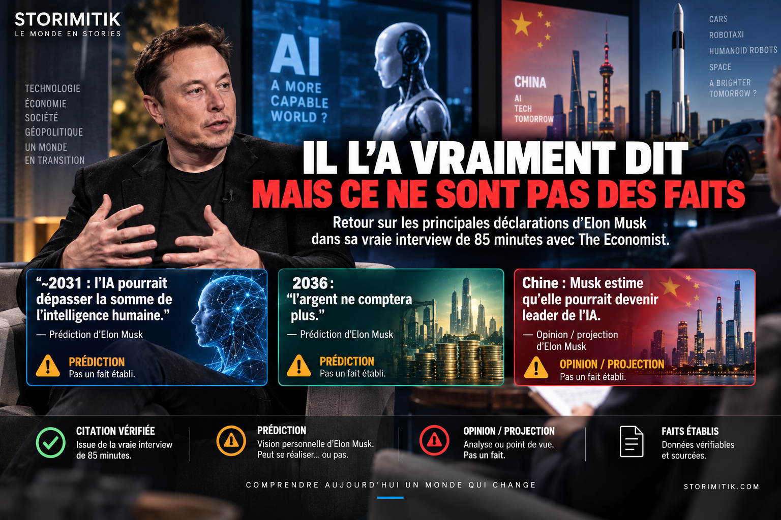 Illustration STORIMITIK d’Elon Musk avec trois déclarations virales sur l’IA, l’argent et la Chine.