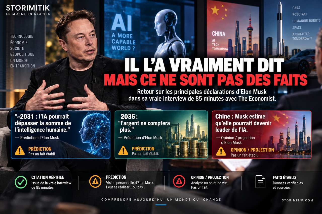 Illustration STORIMITIK d’Elon Musk avec trois déclarations virales sur l’IA, l’argent et la Chine.