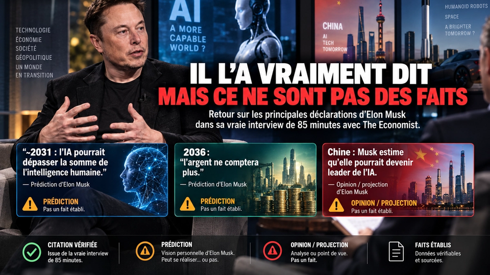 Illustration STORIMITIK d’Elon Musk avec trois déclarations virales sur l’IA, l’argent et la Chine.