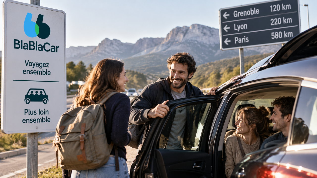 Illustration éditoriale montrant des covoitureurs se retrouvant près d’une voiture, avec une signalétique BlaBlaCar stylisée.