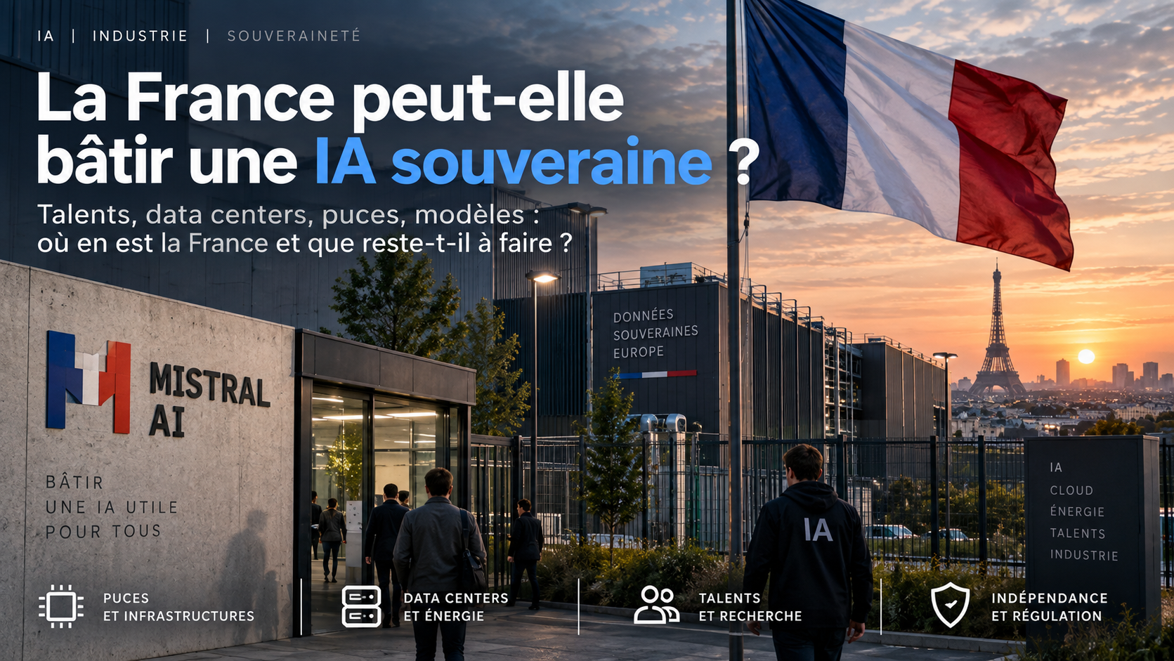 Illustration éditoriale STORIMITIK sur l’ambition française d’IA souveraine, avec data centers, drapeau français et skyline parisienne.
