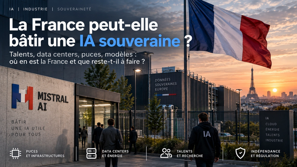 Illustration éditoriale STORIMITIK sur l’ambition française d’IA souveraine, avec data centers, drapeau français et skyline parisienne.