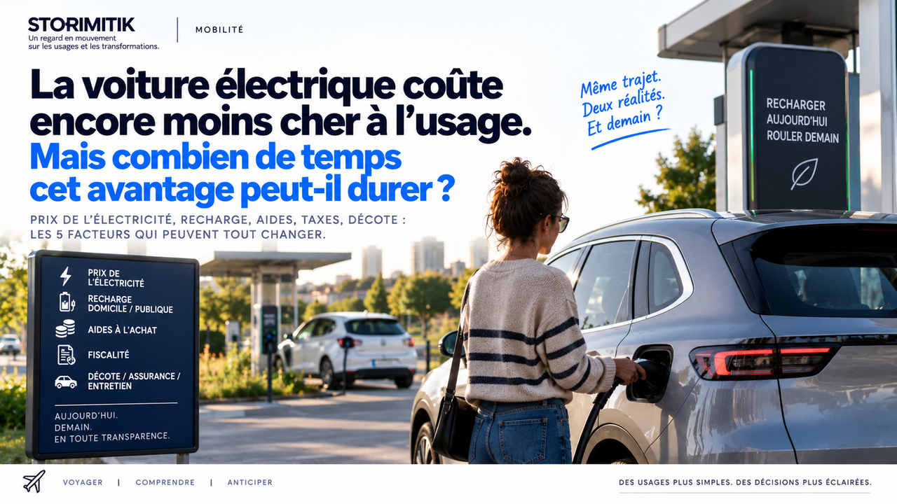 Illustration éditoriale STORIMITIK sur l’avantage économique de la voiture électrique et les facteurs qui peuvent le faire évoluer.