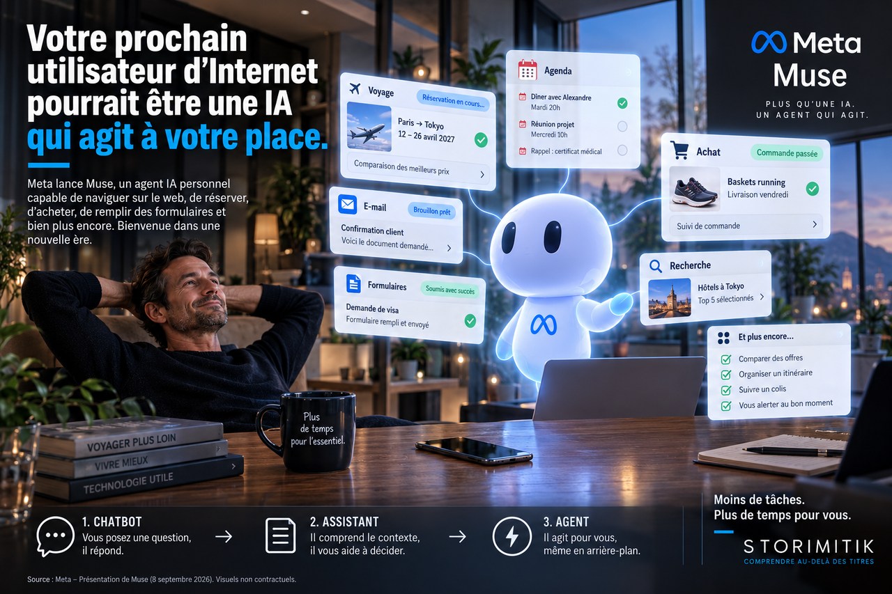 Infographie montrant l’évolution du chatbot vers l’assistant puis vers l’agent IA capable de naviguer sur le web, exécuter des tâches et demander validation pour certaines actions.