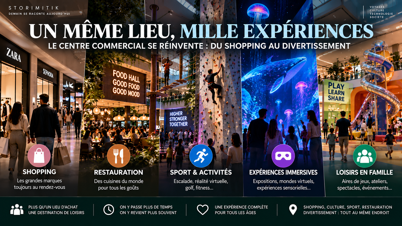 Illustration conceptuelle d’un centre commercial combinant shopping, restauration, sport, expériences immersives et loisirs familiaux.
