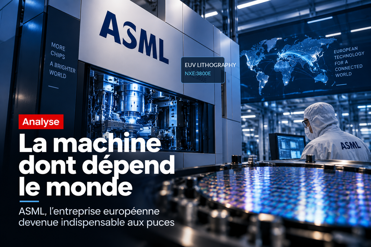 Illustration STORIMITIK d’un système de lithographie EUV ASML avec opérateur en salle blanche et wafer au premier plan.