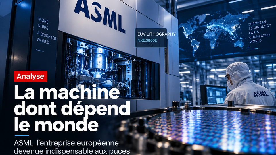 Illustration STORIMITIK d’un système de lithographie EUV ASML avec opérateur en salle blanche et wafer au premier plan.