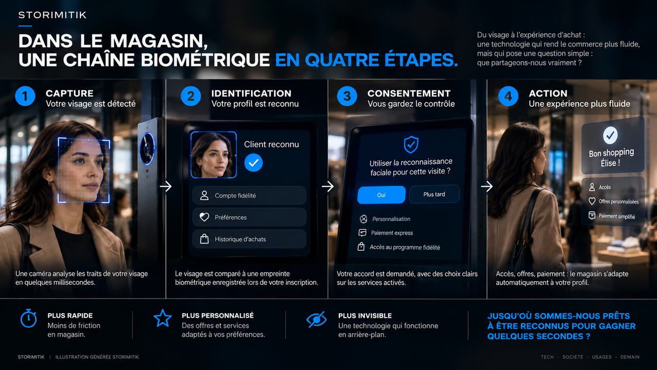 Infographie STORIMITIK montrant les quatre étapes d’une chaîne biométrique en magasin : capture, identification, consentement et action.