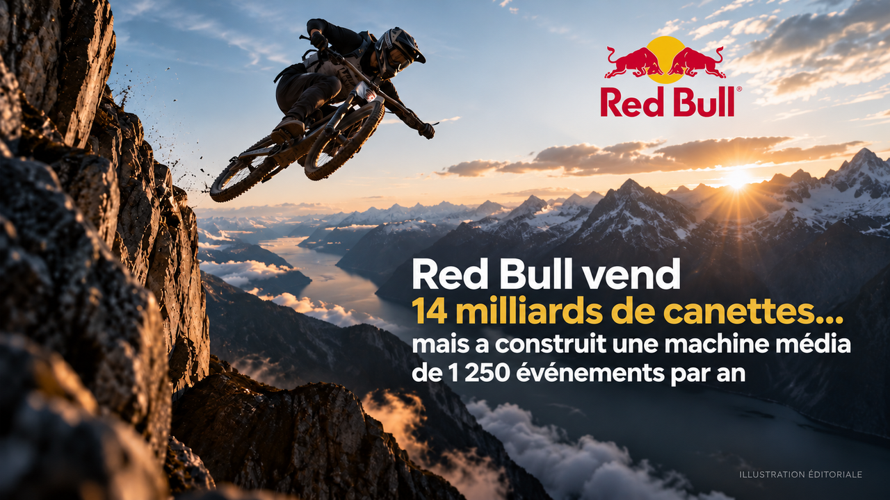 Illustration éditoriale d’un vététiste en plein saut avec un titre sur la stratégie média de Red Bull.
