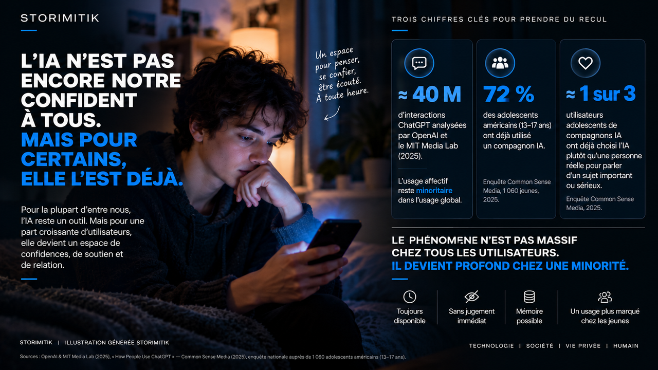 Planche DATA STORIMITIK sur l’usage affectif de ChatGPT et des compagnons IA, avec trois chiffres issus d’OpenAI-MIT et de Common Sense Media.