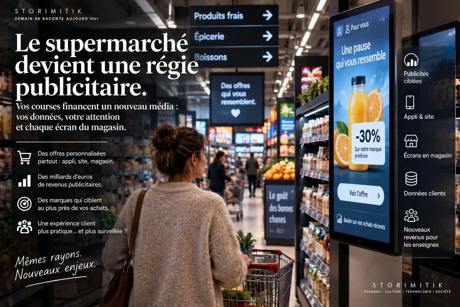 Illustration conceptuelle d’un supermarché équipé d’écrans publicitaires numériques et d’offres personnalisées.