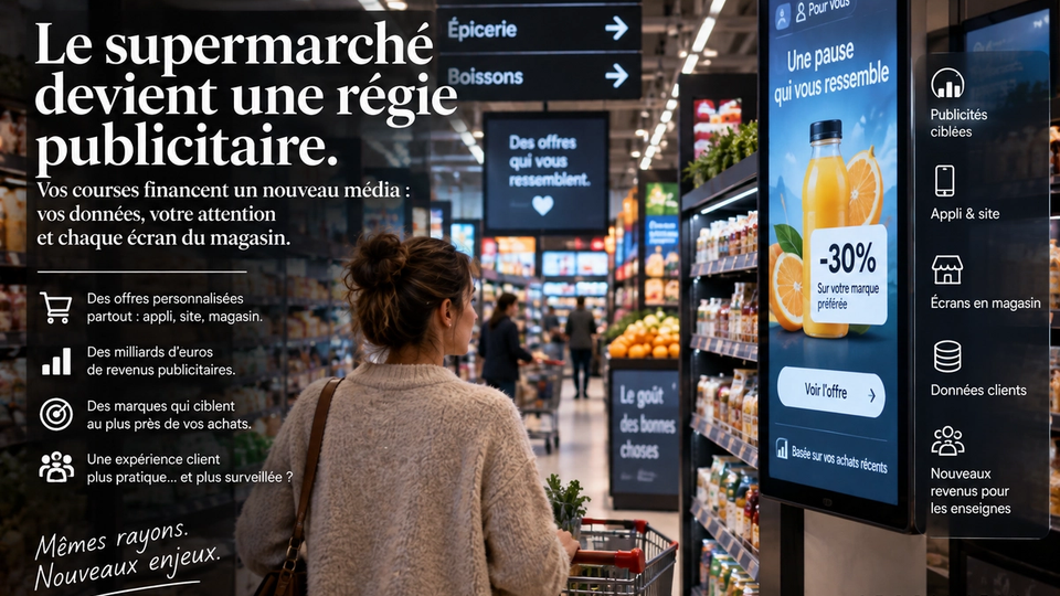 Illustration conceptuelle d’un supermarché équipé d’écrans publicitaires numériques et d’offres personnalisées.