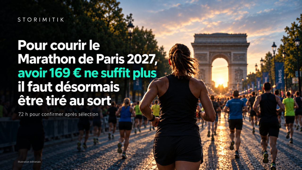 Illustration éditoriale STORIMITIK du Marathon de Paris 2027 mettant en avant le tirage au sort et le tarif grand public de 169 €.