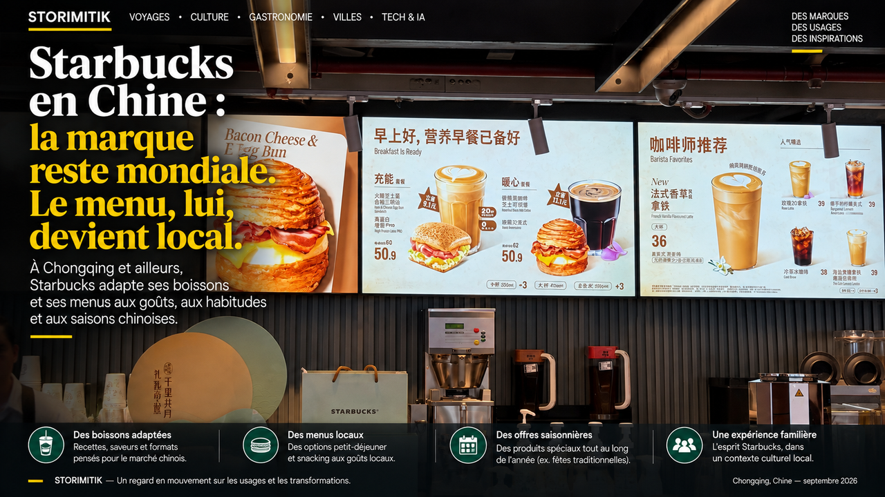 Illustration STORIMITIK à partir d’une photo terrain d’un menu Starbucks en Chine avec petit-déjeuner et boissons.
