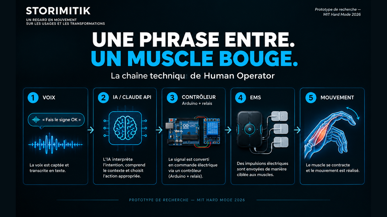Infographie STORIMITIK expliquant la chaîne Human Operator : voix, Claude API, contrôleur Arduino et relais, stimulation EMS puis mouvement.