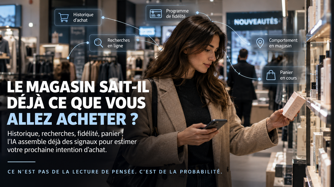 Illustration éditoriale STORIMITIK montrant une cliente dans un magasin entourée de signaux comme l’historique d’achat, la fidélité, les recherches et le panier pour illustrer l’IA de personnalisation.