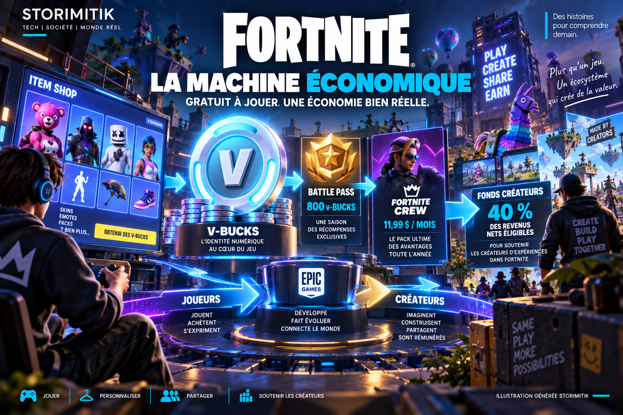 Illustration STORIMITIK présentant la machine économique de Fortnite autour des V-Bucks, du Battle Pass, de Fortnite Crew et du fonds créateurs.
