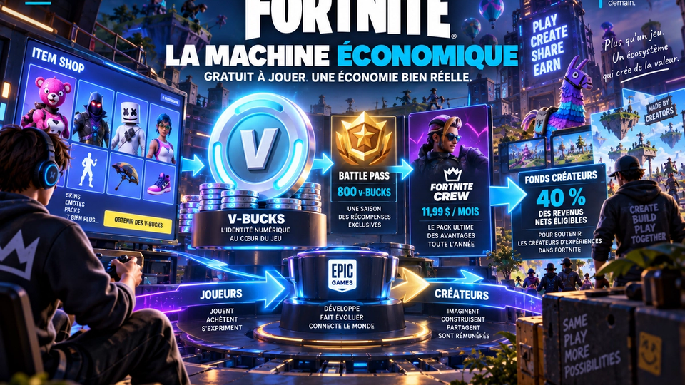Illustration STORIMITIK présentant la machine économique de Fortnite autour des V-Bucks, du Battle Pass, de Fortnite Crew et du fonds créateurs.
