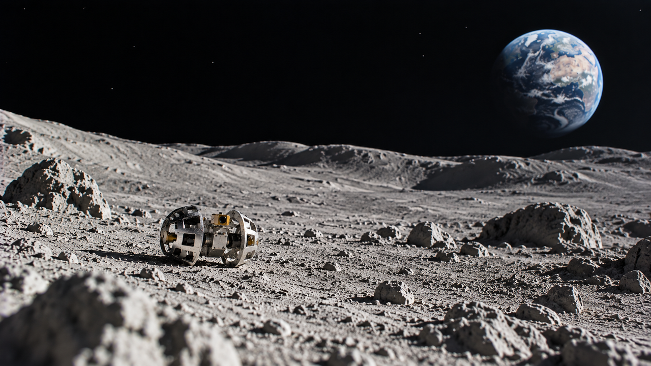 Illustration éditoriale panoramique montrant un minuscule rover SORA-Q isolé dans l’immensité du paysage lunaire, avec la Terre visible au loin.