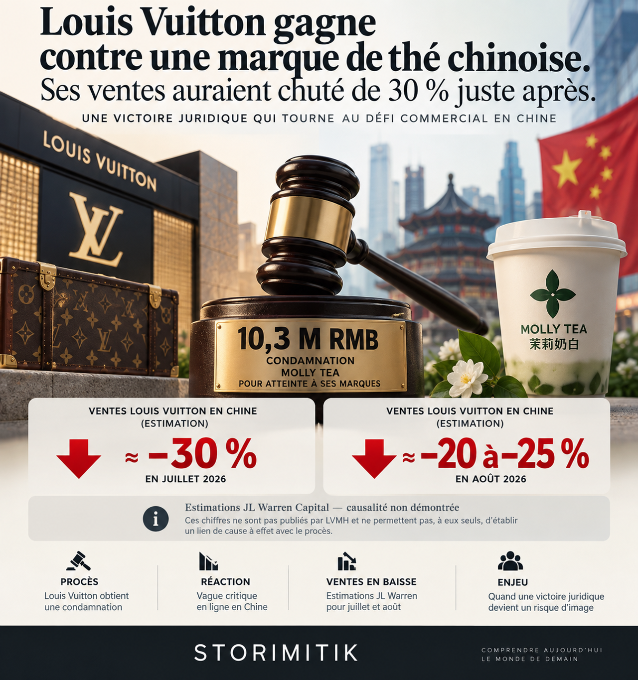 Infographie STORIMITIK : litige Louis Vuitton–Molly Tea, 10,3 millions de yuans et baisses de ventes estimées par JL Warren Capital, sans causalité démontrée.