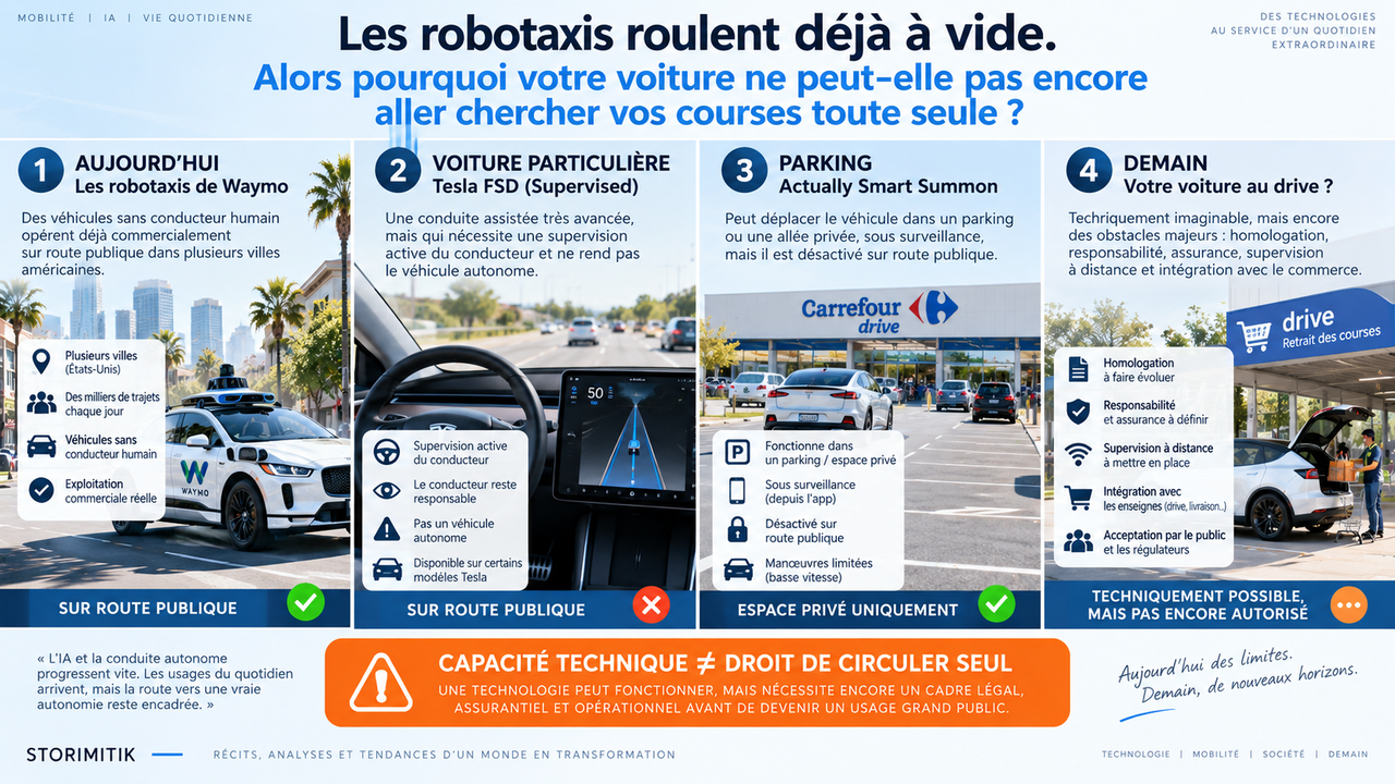 Infographie comparant les robotaxis Waymo, Tesla FSD supervisé, Actually Smart Summon et la perspective d’une voiture particulière allant seule au drive.