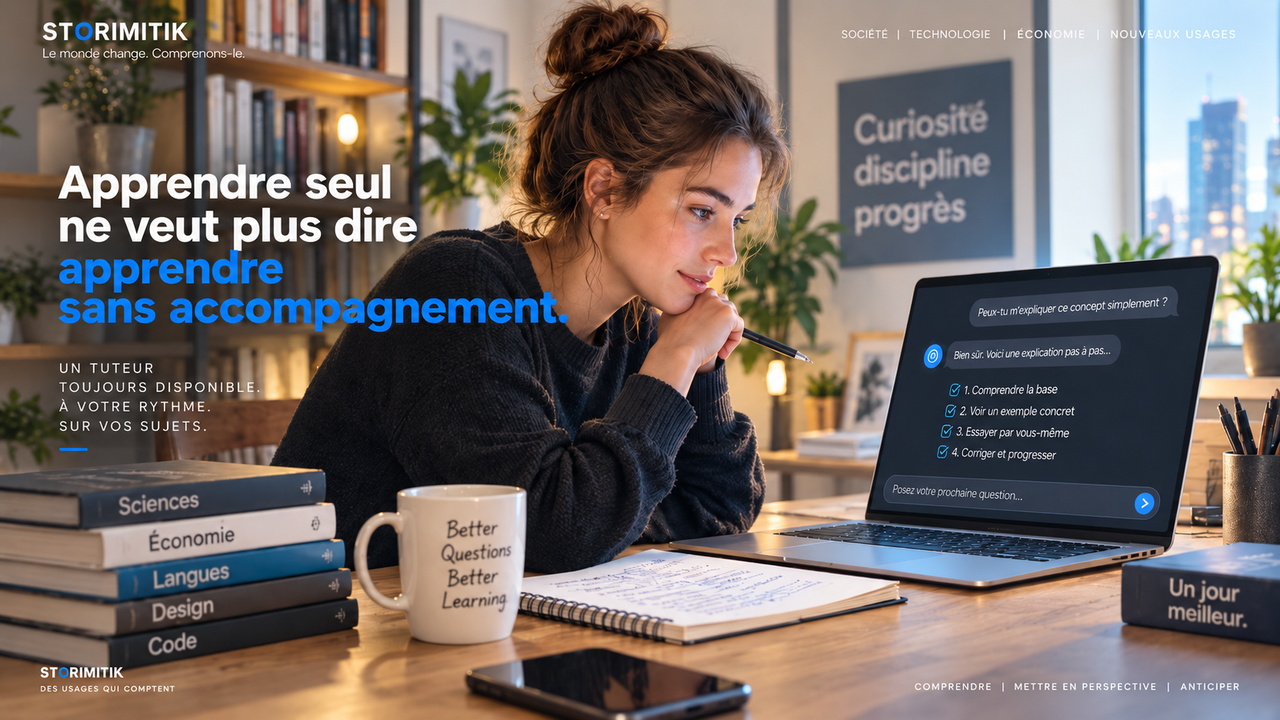 Étudiante apprenant seule avec un assistant IA conversationnel, dans un espace de travail lumineux.
