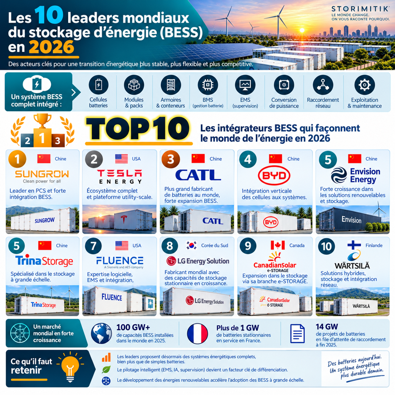 Infographie STORIMITIK présentant le classement mondial 2026 des intégrateurs BESS selon Wood Mackenzie.