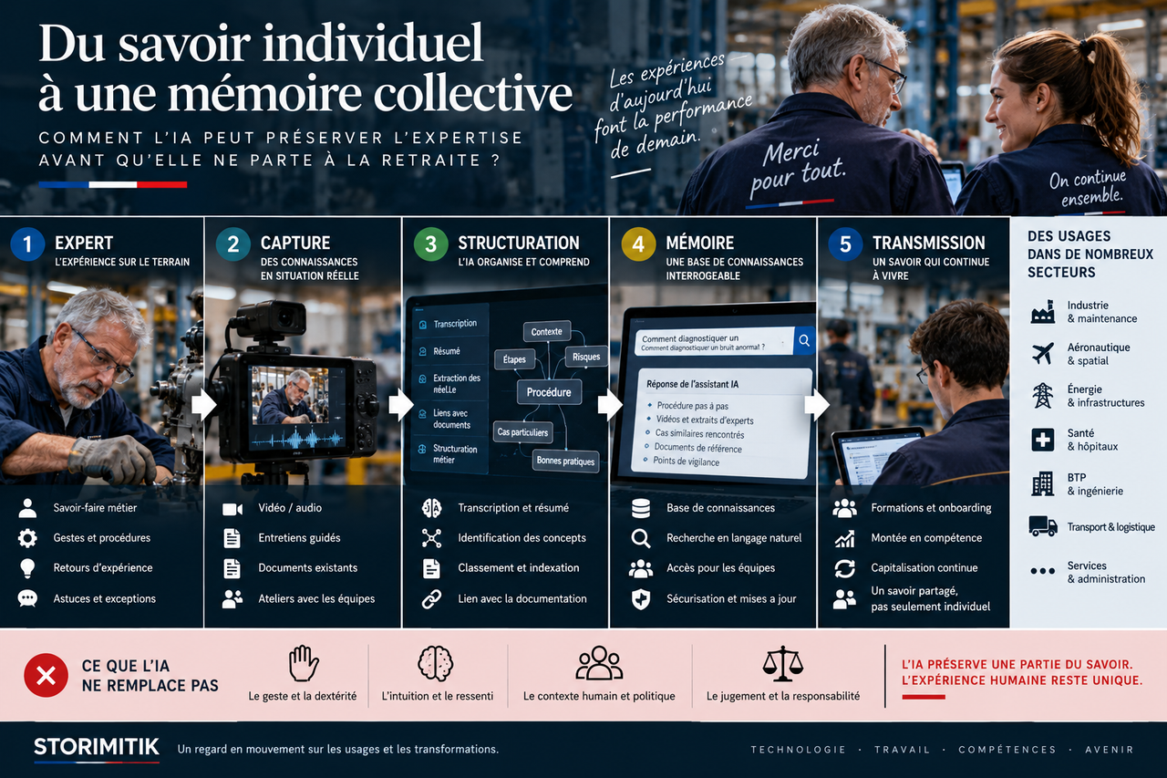 Infographie éditoriale STORIMITIK montrant comment l’expertise d’un salarié peut être captée, structurée et rendue interrogeable avec l’aide de l’IA.