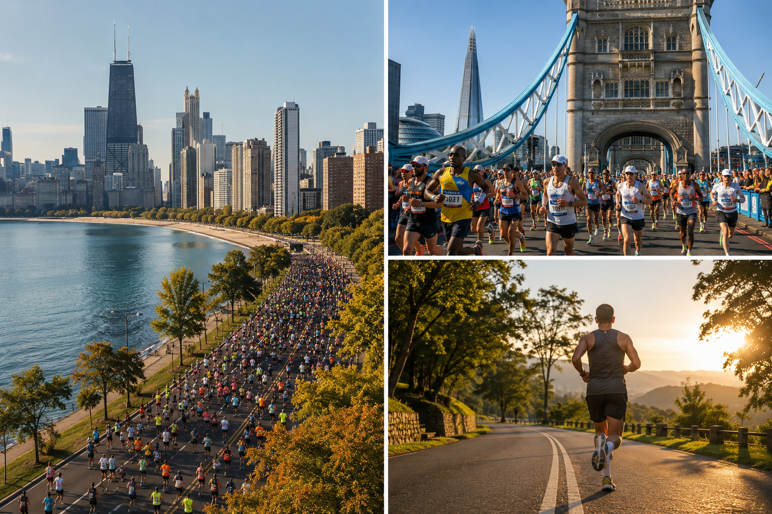 PHOTO D’ILLUSTRATION — image générée par IA : coureurs et paysages de marathons internationaux