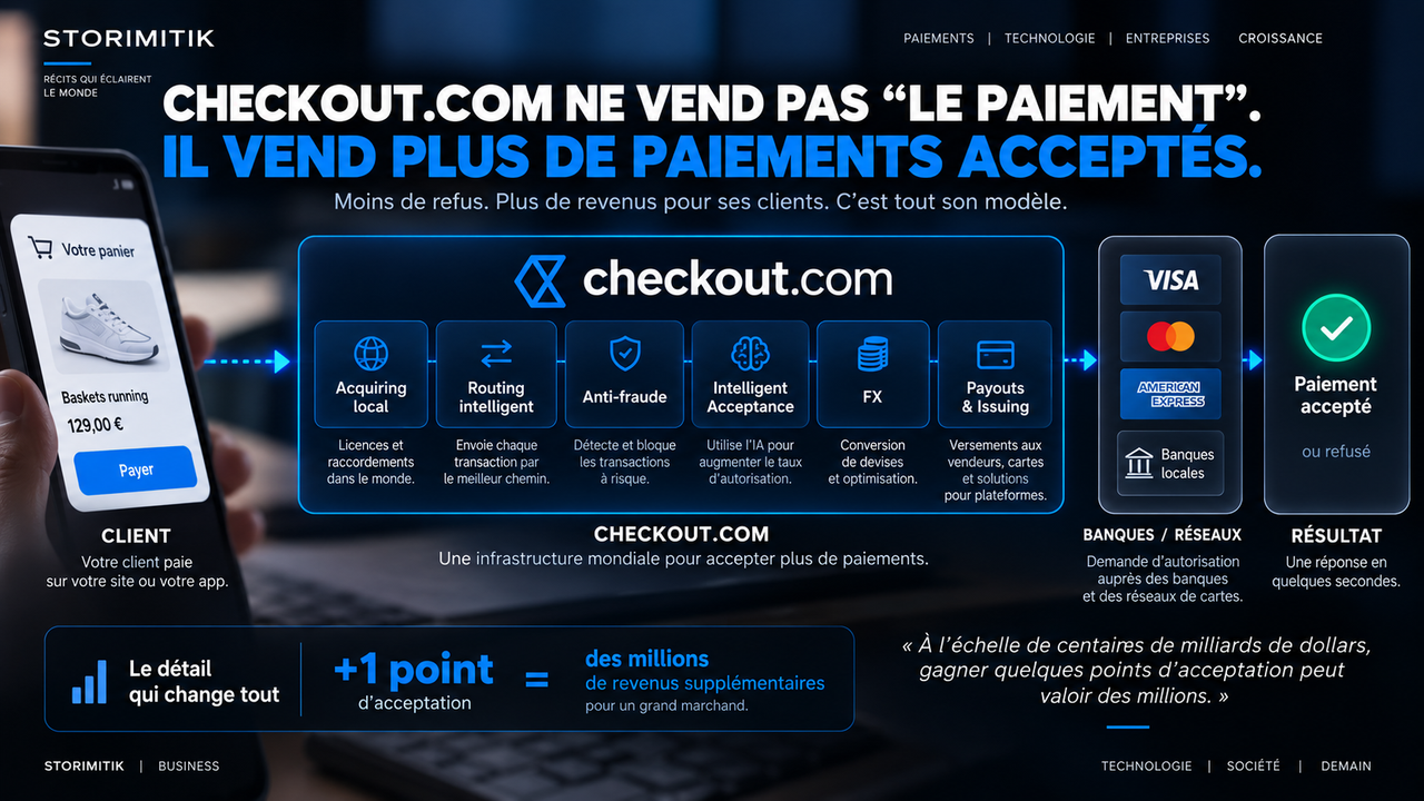 Infographie STORIMITIK expliquant le moteur économique de Checkout.com : acquiring local, routage, anti-fraude, Intelligent Acceptance, FX, payouts et issuing.