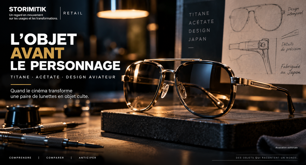 Illustration éditoriale STORIMITIK d’une monture aviateur premium en titane et acétate, évoquant le design d’une paire de lunettes devenue culte au cinéma.