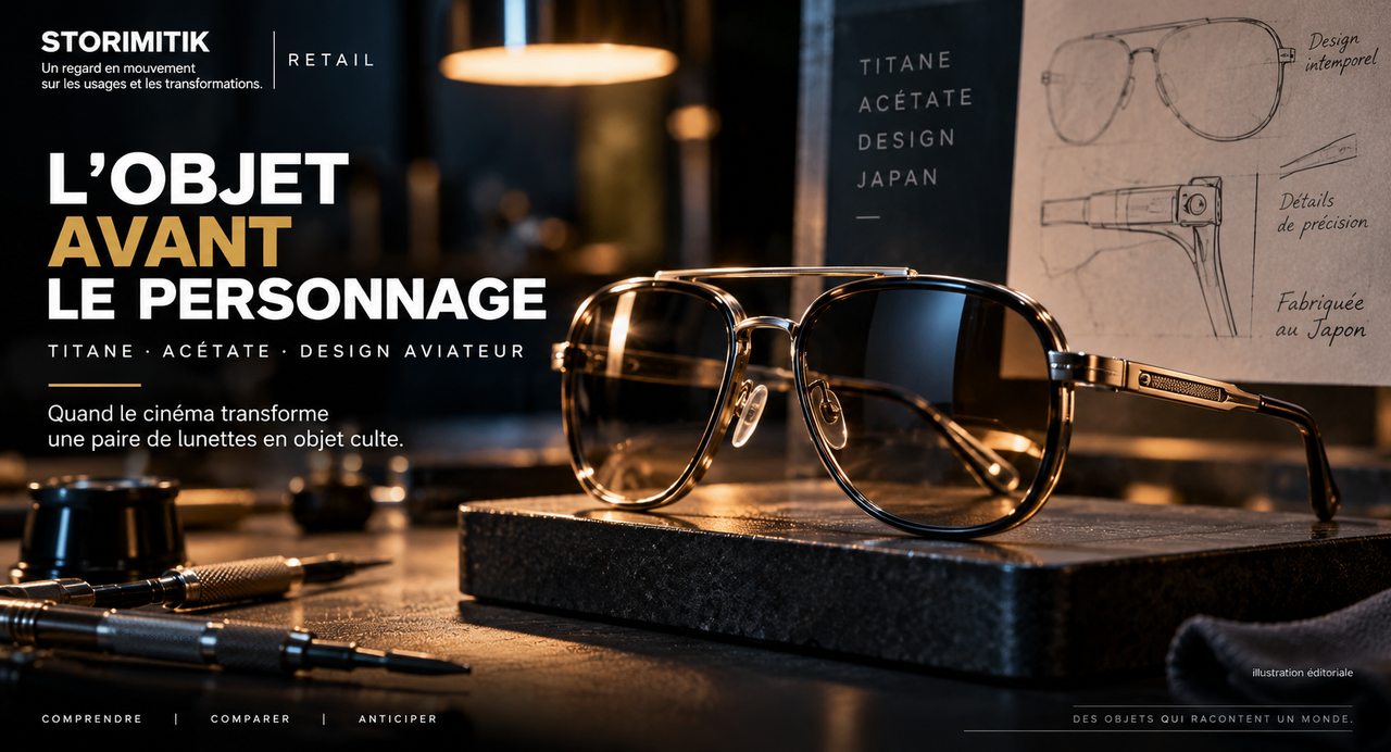 Illustration éditoriale STORIMITIK d’une monture aviateur premium en titane et acétate, évoquant le design d’une paire de lunettes devenue culte au cinéma.