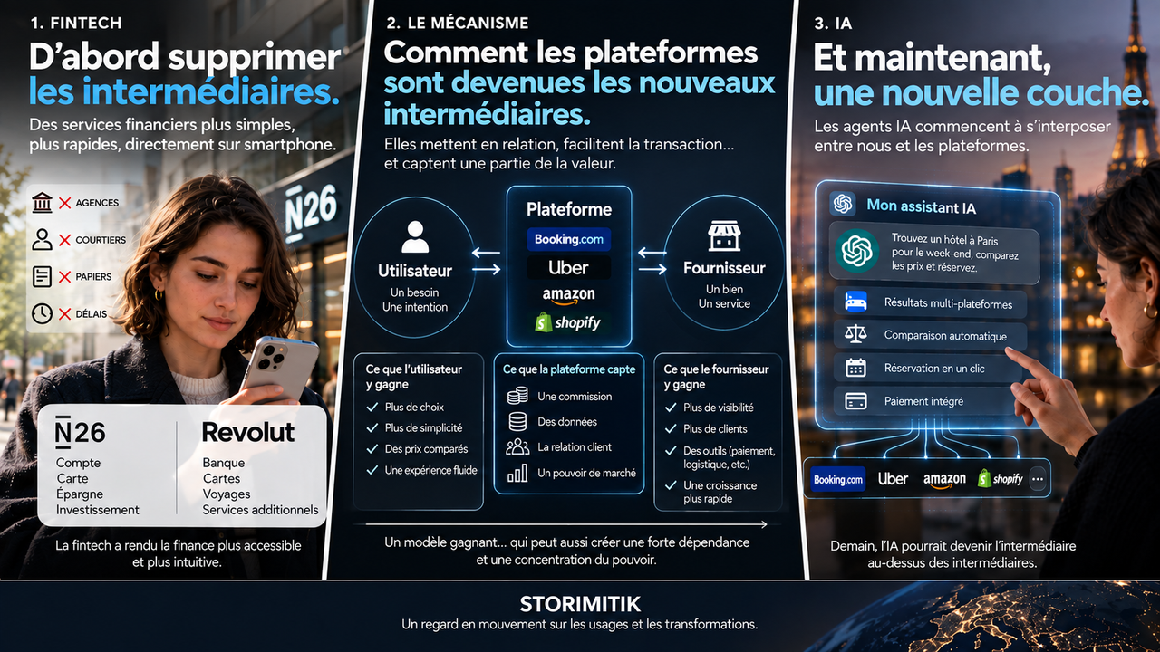 Infographie STORIMITIK montrant le mécanisme économique d’une plateforme entre utilisateur et fournisseur, et les bénéfices ou éléments qu’elle peut capter.