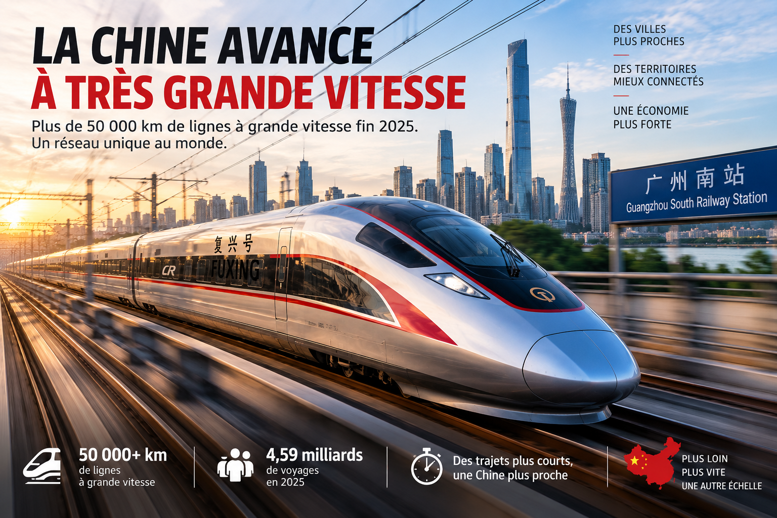 Illustration STORIMITIK d’un train à grande vitesse chinois lancé à pleine vitesse, avec données clés sur l’échelle du réseau ferroviaire.