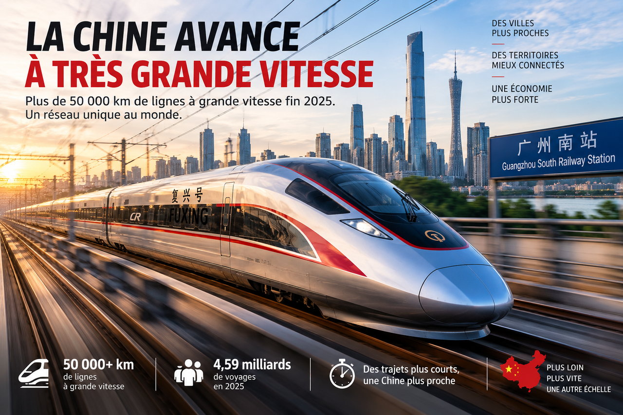 Illustration STORIMITIK d’un train à grande vitesse chinois lancé à pleine vitesse, avec données clés sur l’échelle du réseau ferroviaire.